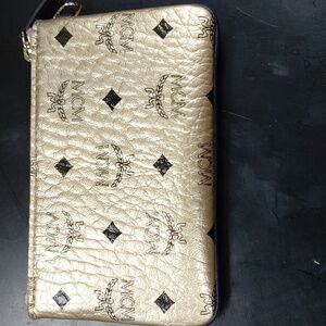 MCM Metallic Gold Visetos pouch/Wristlet with Black Accents.
